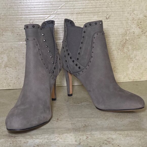 Gray Suede Studded High Heel Ankle Boots With Elastic Gore Detail - Picture 1 of 10